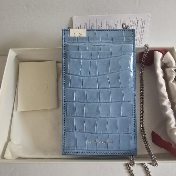 Alexander McQueen Skull Croc-Embossed Leather Phone-Case-On-Chain Blue - Picture 2 of 7